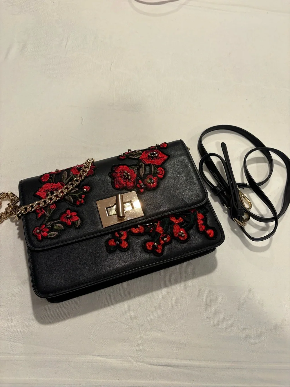 Mango Black Crossbody Bag with Red Floral Embroidery
